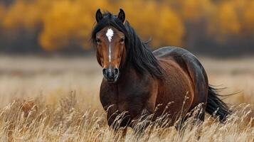 Majestic brown horse standing in a golden field with autumn trees in the background during a clear day photo