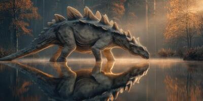 Stegosaurus drinking from a tranquil lake at dawn in a prehistoric forest landscape photo