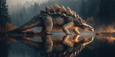 Stegosaurus walking by a peaceful lake in a misty prehistoric forest during early morning light photo