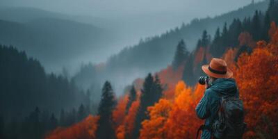 Photographer captures autumn colors in foggy forest landscape at dawn during serene outdoor adventure photo