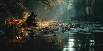 Capturing the tranquil beauty of a misty morning by the serene river bank with blooming lilies photo