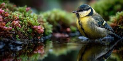 Small bird enjoying a serene moment by the water in a lush natural setting during early morning light photo