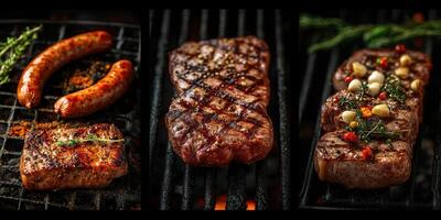 Grilling assorted meat cuts at a summer barbecue gathering in the backyard during late afternoon photo