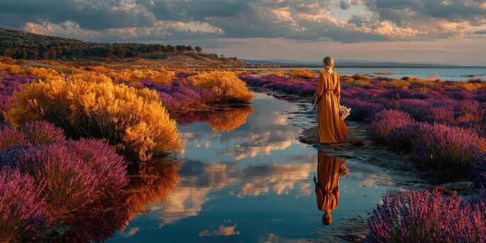 Sunset stroll through vibrant lavender fields reflecting on calm waters in a serene landscape photo