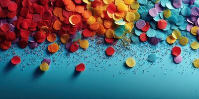 Colorful confetti spread across a vibrant blue surface creating a festive atmosphere for celebration activities photo