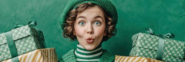 Excited individual showing off colorful gifts during a festive season in a bright green setting photo