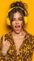 Young woman with yellow headphones expressing joy in vibrant setting during daytime photo