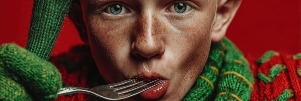 Young boy in colorful sweater prepares to eat with fork against vibrant red background photo