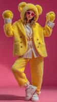 Bright yellow bear-themed outfit worn by a model striking a playful pose against a pink backdrop photo