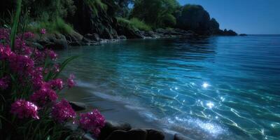 Serene moonlit shoreline with flowers overlooking tranquil water at night in a secluded coastal area photo
