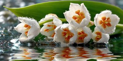 Delicate white flowers resting on water surface in a serene setting with gentle reflections during bright daylight photo