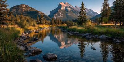 Majestic mountain and river landscape at sunrise in a serene national park photo