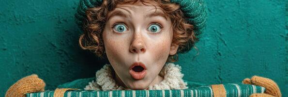 Child expressions of surprise while holding a wrapped gift in a colorful outfit indoors during winter photo