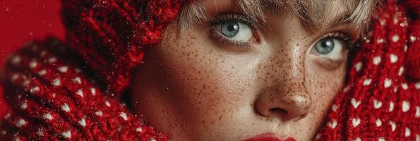 Model showcases vibrant winter fashion with bold colors and striking facial features in a close-up setting photo