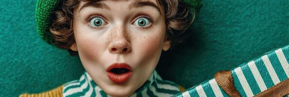 Excited girl with green eyes and curly hair holds a striped gift in a vibrant setting photo