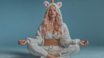 Young woman in unicorn-themed outfit practices meditation with a serene expression in a studio with blue background photo
