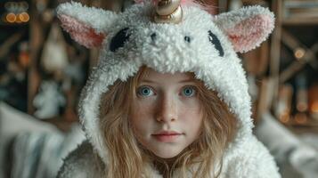 Young child wearing a unicorn onesie relaxing indoors surrounded by cozy decor during afternoon light photo