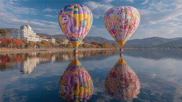 Colorful hot air balloons ascend over a serene lake surrounded by hills during a clear day in a picturesque location photo