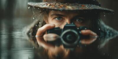 Photographer capturing reflections in a rainy forest during a moody overcast day photo