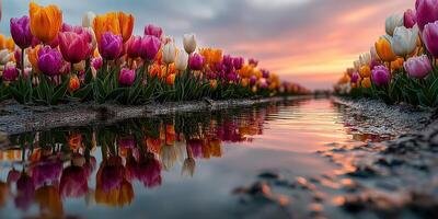 Vibrant tulip field reflecting colorful sunset under a dramatic sky in spring season photo