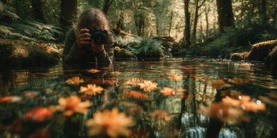 Nature photographer capturing reflections in a serene forest stream during golden hour photo