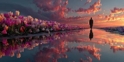 Stunning sunset over a reflective flower field with a solitary figure walking along the water's edge photo