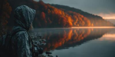 Nature photographer captures serene lake at dawn surrounded by autumn foliage during a misty morning photo