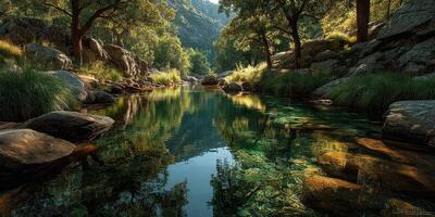 Serene riverbank surrounded by lush trees and clear water in a remote forest during golden hour photo
