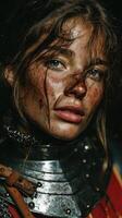 Young warrior in distressed armor gazes intensely with mud-streaked skin in a dark atmosphere during a medieval reenactment photo