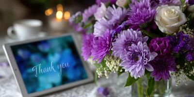 Beautiful floral arrangement with tablet displaying thank you message on elegant table setting photo