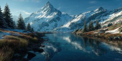 Majestic snowy mountain landscape reflecting in serene river during early morning light in a tranquil alpine setting photo