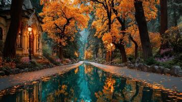Autumn trees line a serene canal reflecting golden leaves and a quiet path in an enchanting forest setting photo