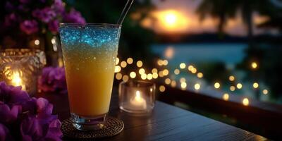 Colorful drink with glowing effect at sunset near the beach and decorative lights in the background photo