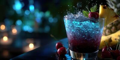Refreshing cocktail served with ice, cherries, and pineapple in a vibrant setting at night photo