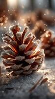 Frozen pine cone glistening under soft winter sunlight in a snowy forest scene photo