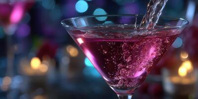 Mixing a vibrant pink cocktail in an elegant glass at a social event with ambient lighting photo