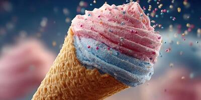 Colorful ice cream cone topped with pink and blue whipped cream and sprinkles against a blurred background photo