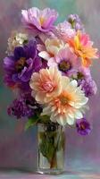 Colorful bouquet of fresh flowers arranged in a glass vase on a soft pastel background in natural light photo