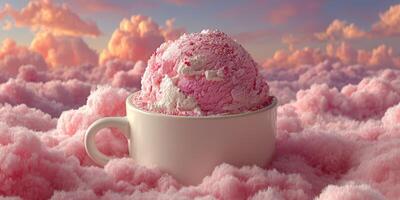 Sweet pink ice cream floating on fluffy clouds during a colorful sunset sky photo