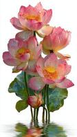 Beautiful blooming lotus flowers with delicate petals and raindrops in a serene water reflection photo