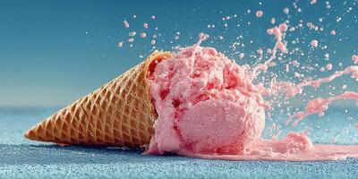 Colorful pink ice cream spills out of a cone with splashes, capturing a moment of dessert delight on a sunny day photo
