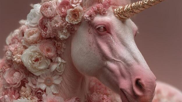 Majestic unicorn adorned with soft pink flowers in a serene and dreamy setting photo