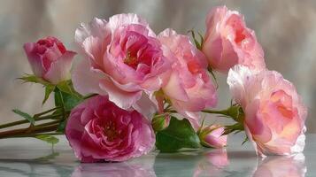 Beautiful pink roses with delicate petals arranged on a reflective surface in a soft light setting photo
