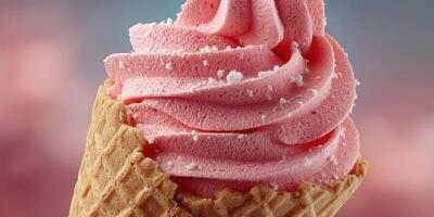 Delicious pink soft serve ice cream in a cone with a textured wafer cup enjoyed during a warm afternoon photo