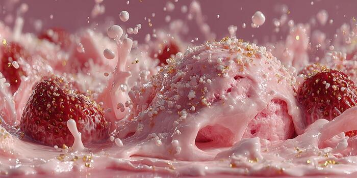 Delicious strawberry ice cream splashing with creamy texture and golden sprinkles creating a vibrant dessert scene photo