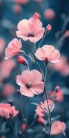 Delicate pink flowers bloom beautifully amidst soft blue background in serene garden setting photo