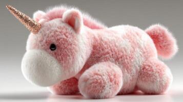 Soft pink unicorn plush toy with a shimmering horn resting on a light background photo