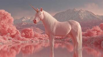 Majestic unicorn standing beside serene pink lake with snow-capped mountains in the background during sunset photo