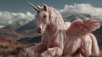 Mythical creature with wings resting in a mountainous landscape during daylight hours photo