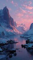 Majestic mountain landscape at twilight with a tranquil river reflecting pink hues photo